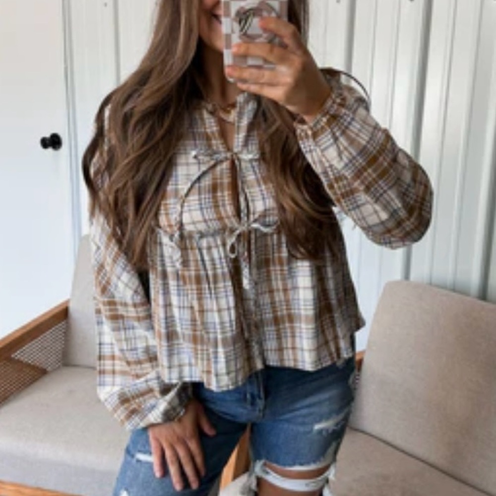 So Me Plaid Blouse in Brown and Cream